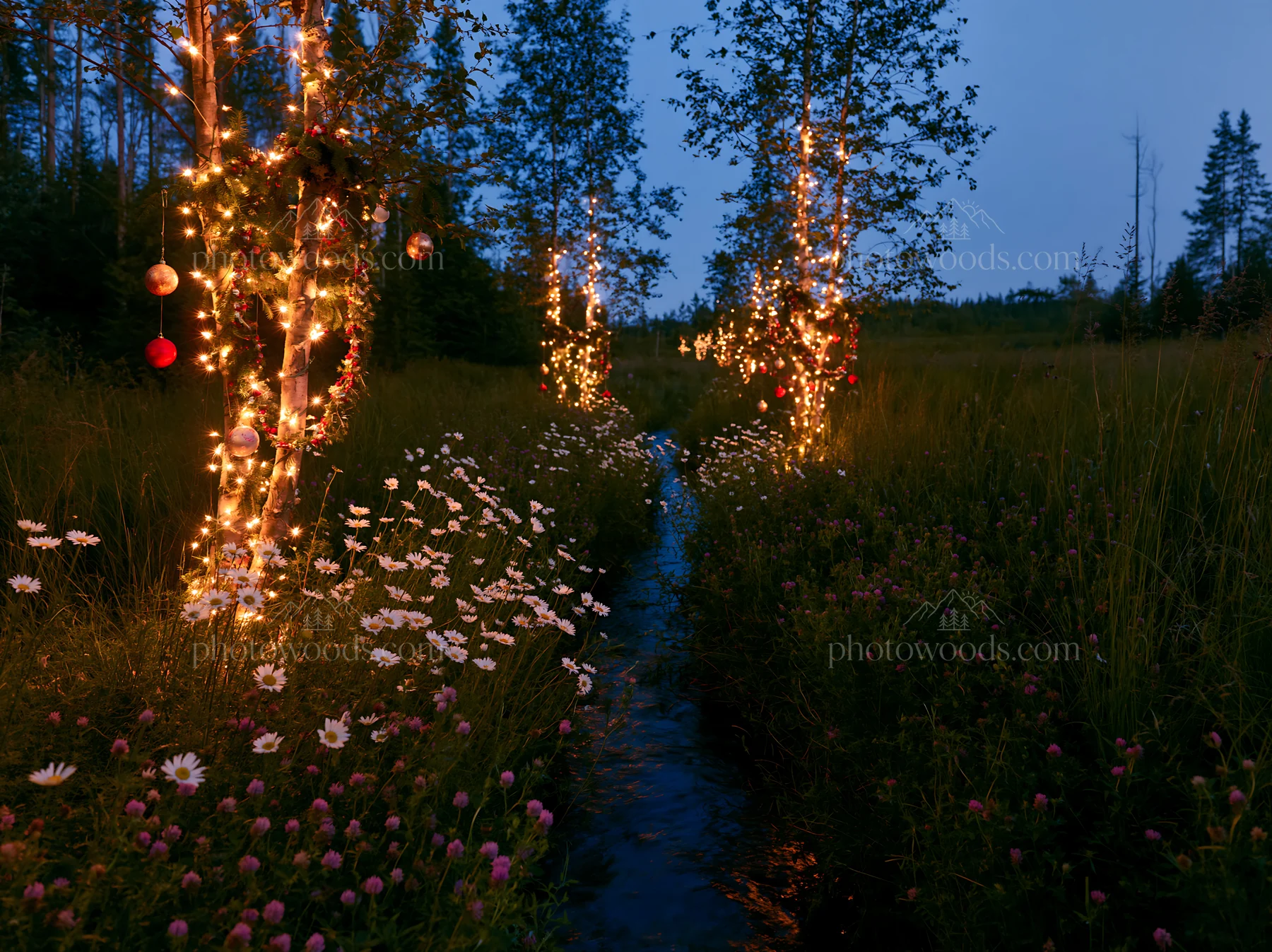 Christmas lights at dusk beside stream in meadow - AI-generated stock image