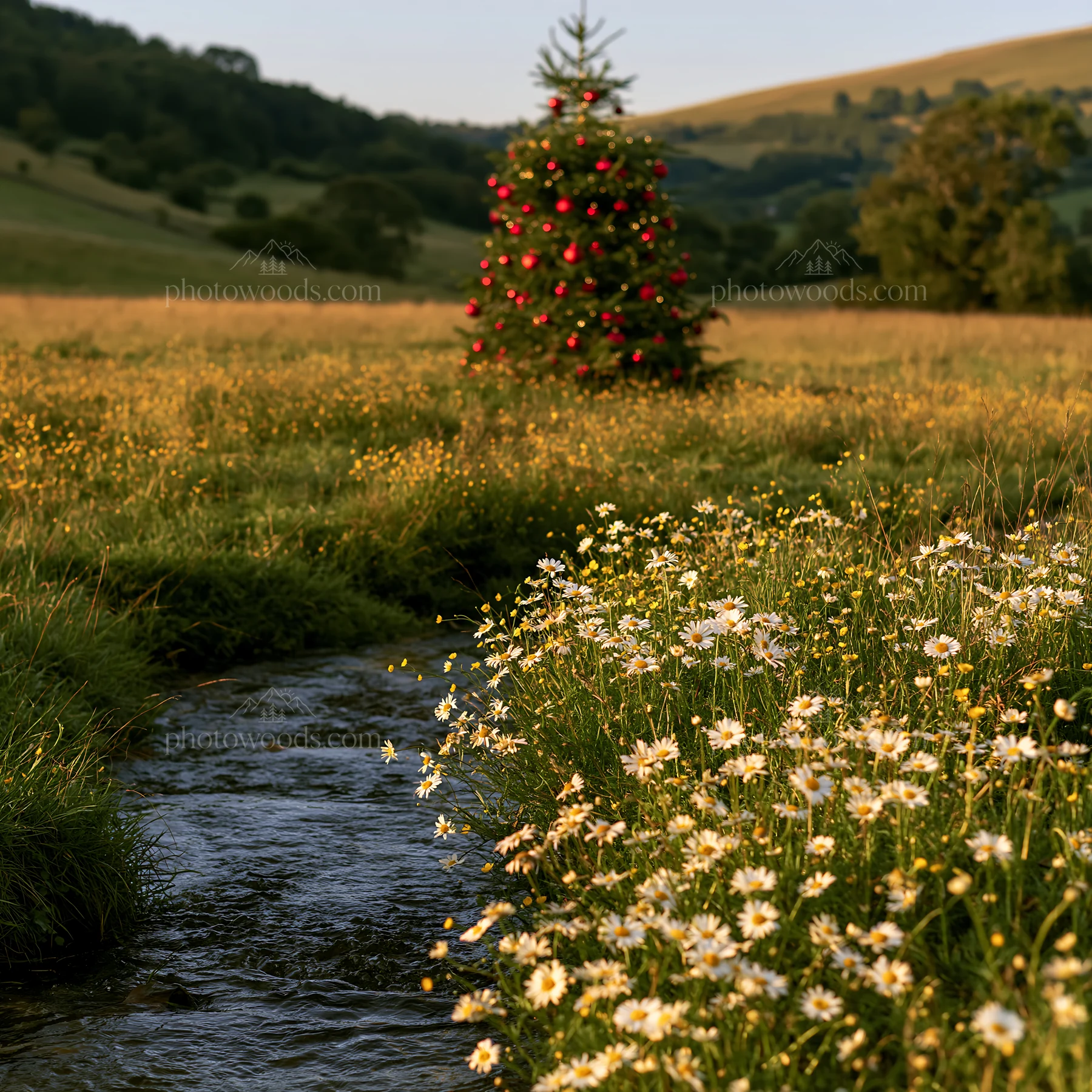 Christmas tree above stream in meadow - AI-generated stock image