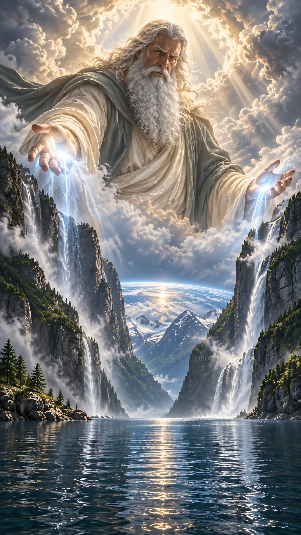 Jesus Christ welcomes with open arms amid majestic mountains - AI-generated stock image