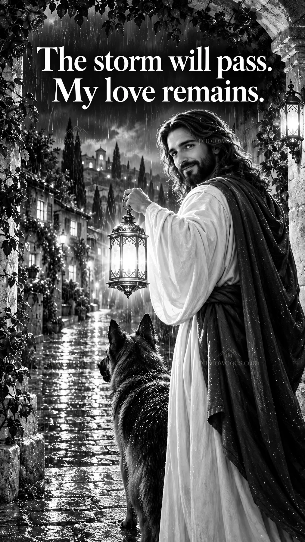 Jesus Christ holding a lantern in a rainy town scene - AI-generated stock image