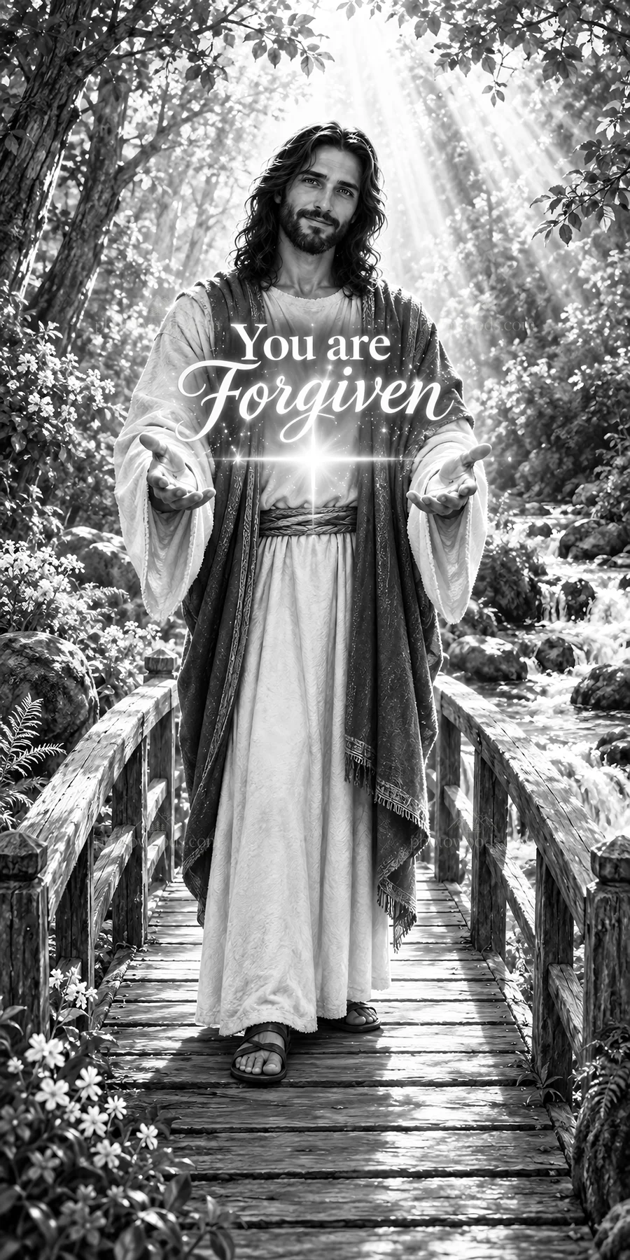 Jesus Christ welcoming and offering forgiveness on a bridge - AI-generated stock image