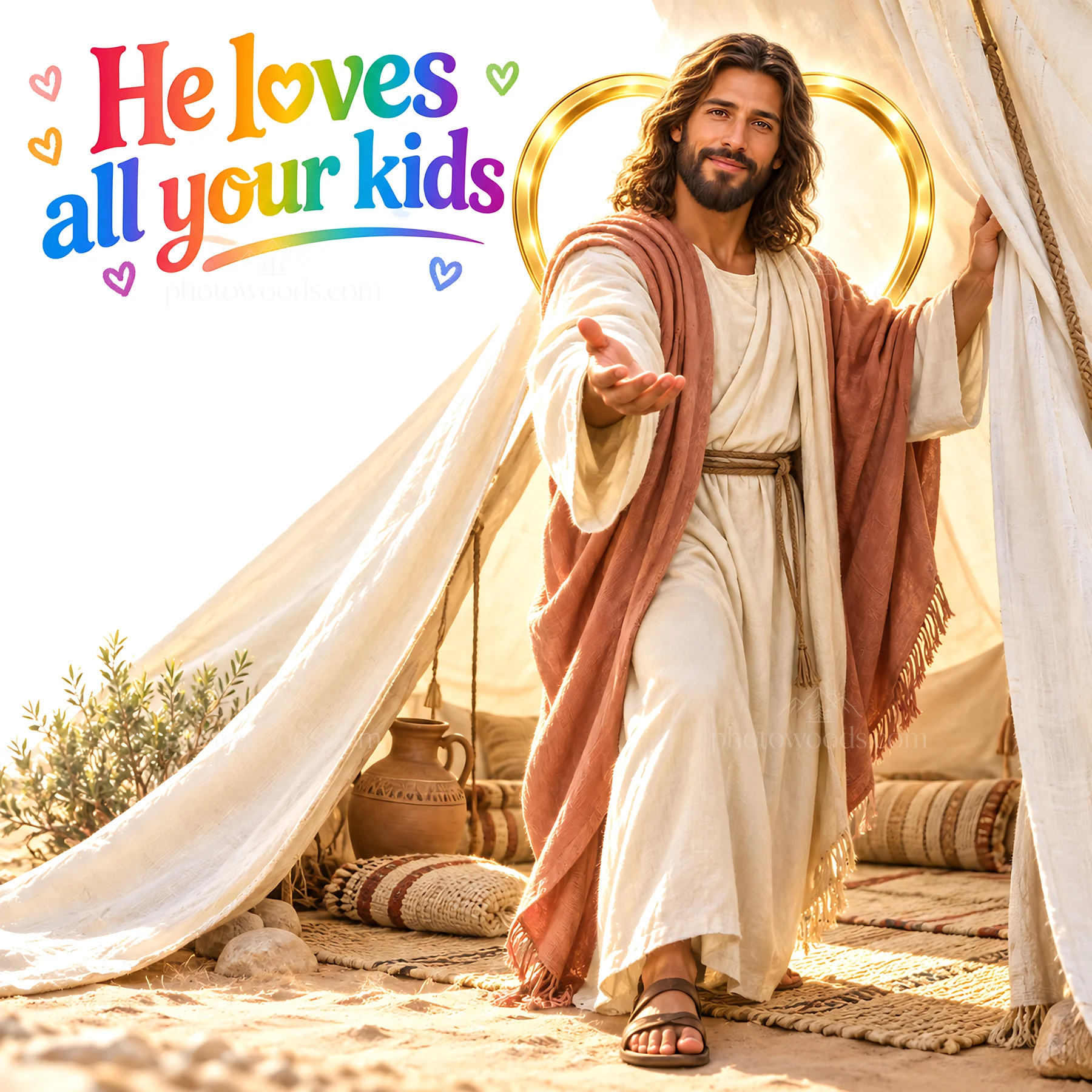 Jesus Christ welcomes children with open arms - AI-generated stock image