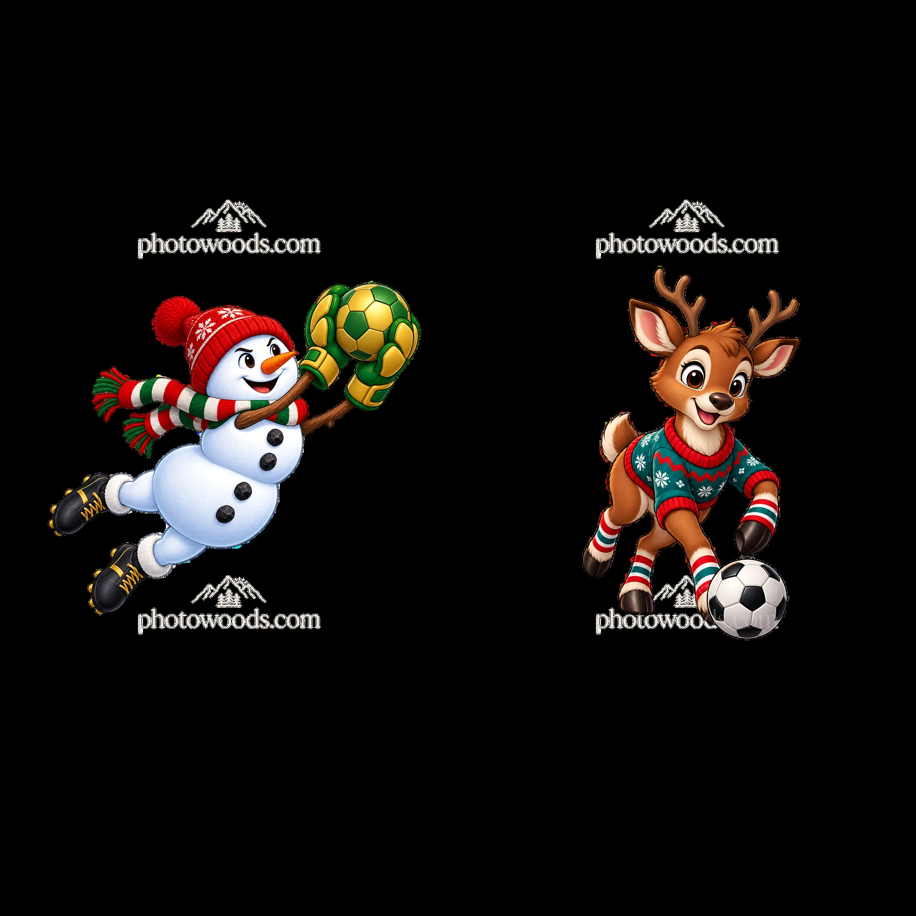 Snowman goalkeeper and reindeer soccer player in action - AI-generated stock image