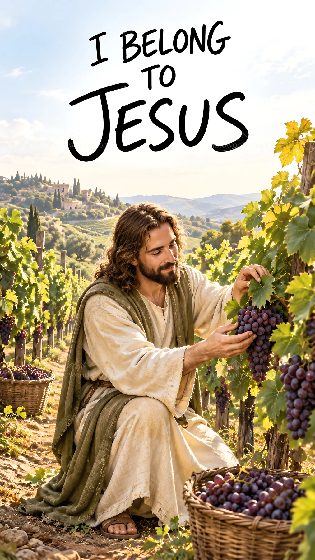 Jesus Christ tending to grapes in a vineyard - AI-generated stock image