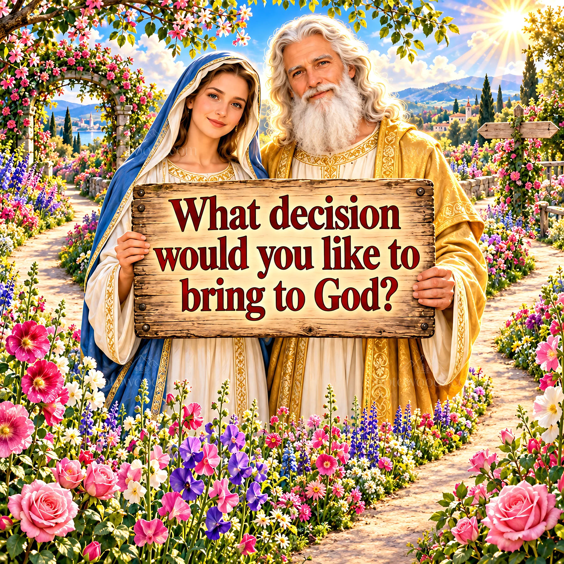 Jesus Christ with a woman inviting decisions for God - AI-generated stock image