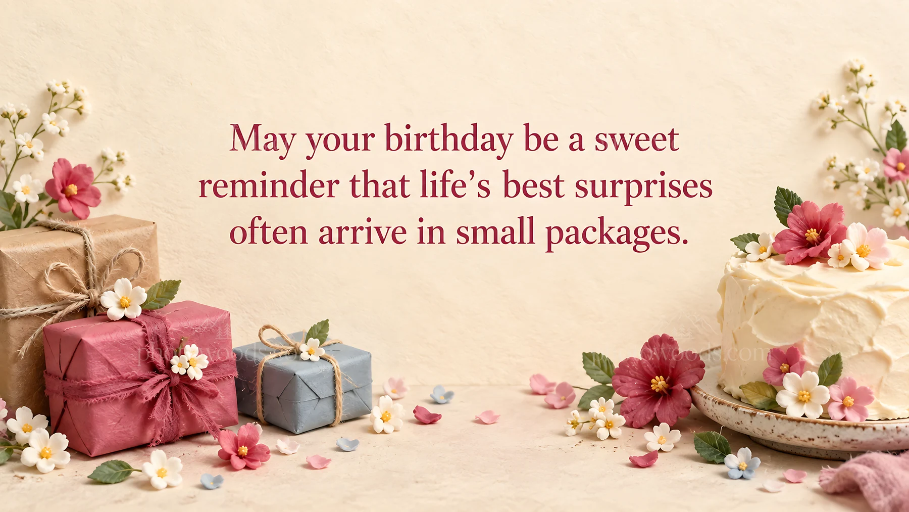 Birthday greeting with floral cake and wrapped gifts - AI-generated stock image