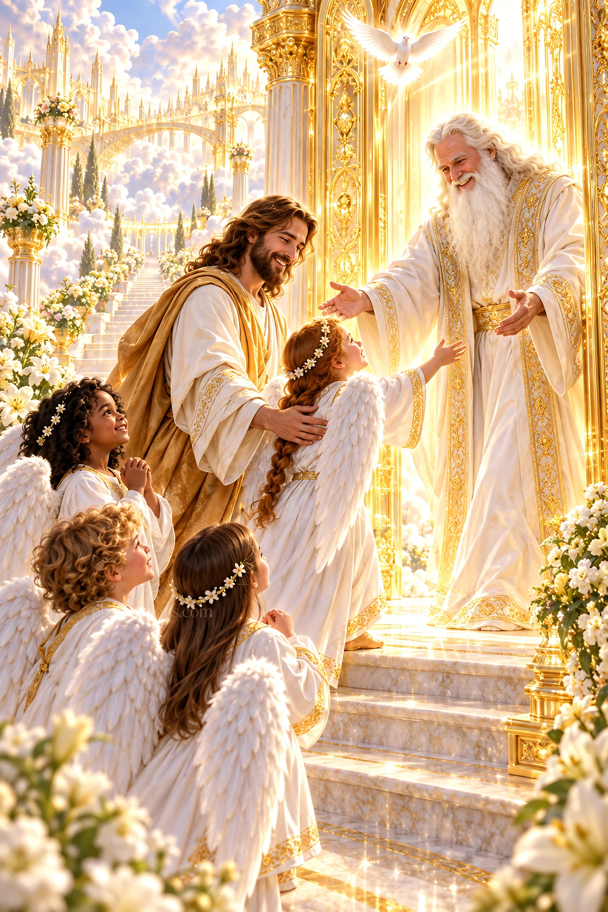 Jesus Christ welcoming children in a heavenly setting - AI-generated stock image