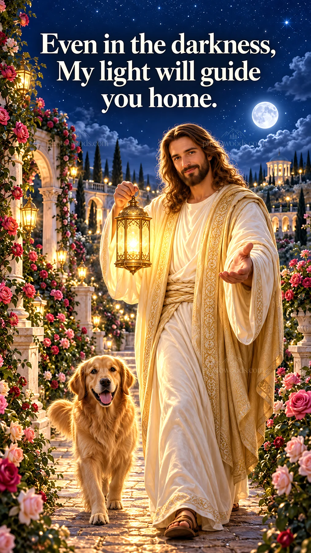 Jesus Christ guiding with light in a garden pathway - AI-generated stock image