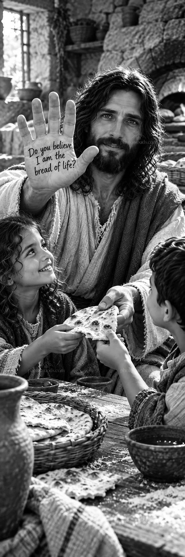 Jesus Christ sharing bread with children - AI-generated stock image