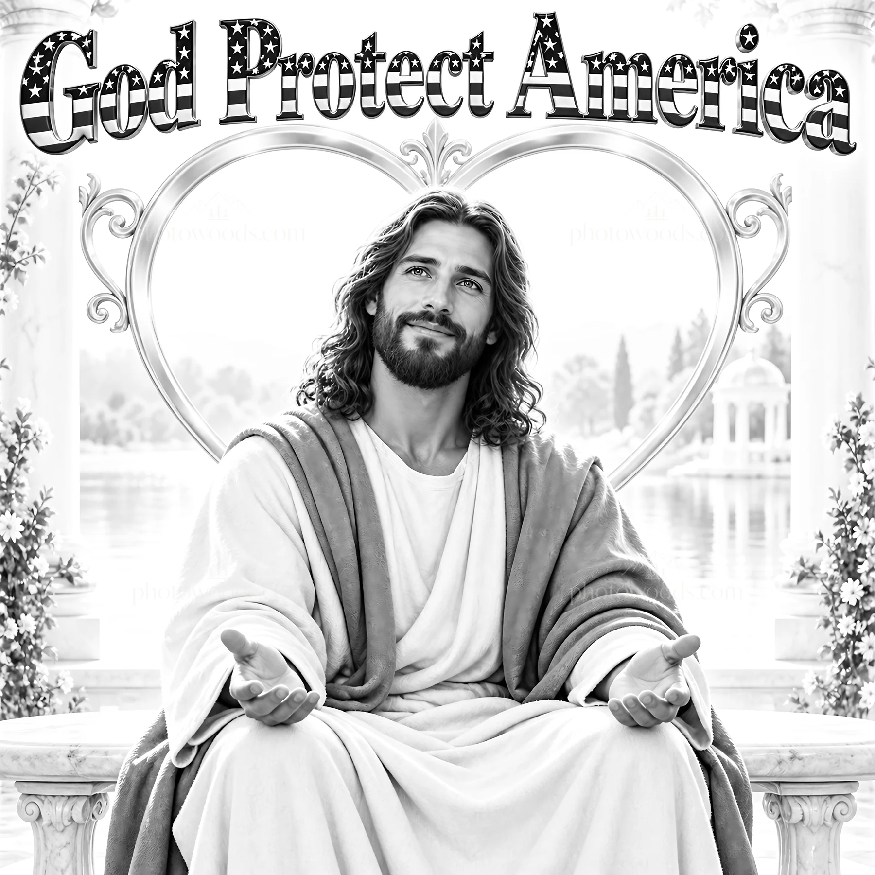 Jesus Christ welcoming viewers with open hands - AI-generated stock image
