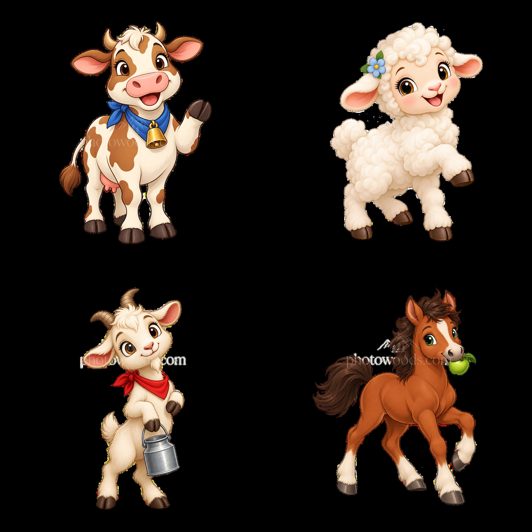 Cartoon farm animals with cow, sheep, goat, and horse - AI-generated stock image