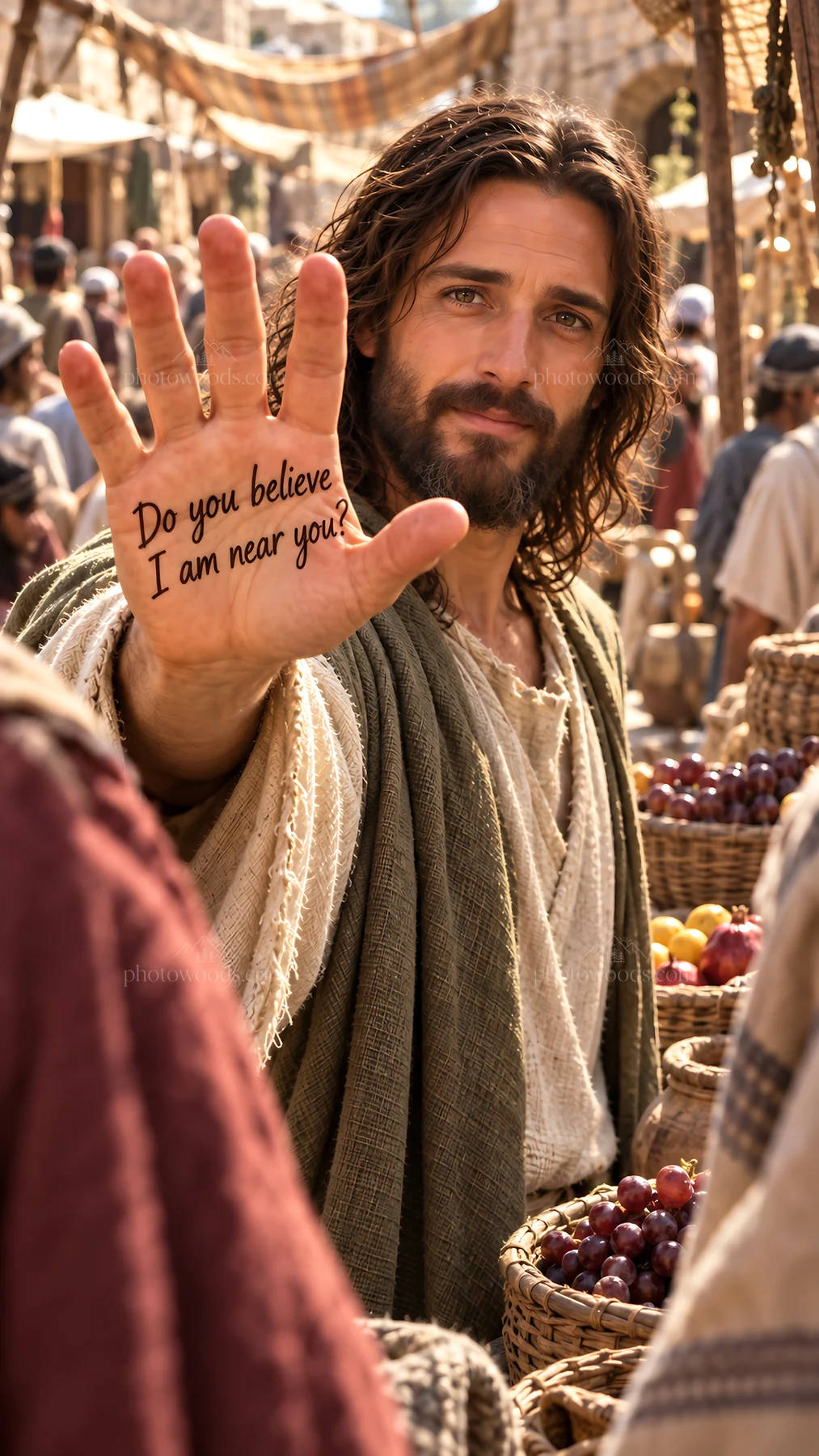 Jesus Christ shares a message of presence in a busy marketplace - AI-generated stock image