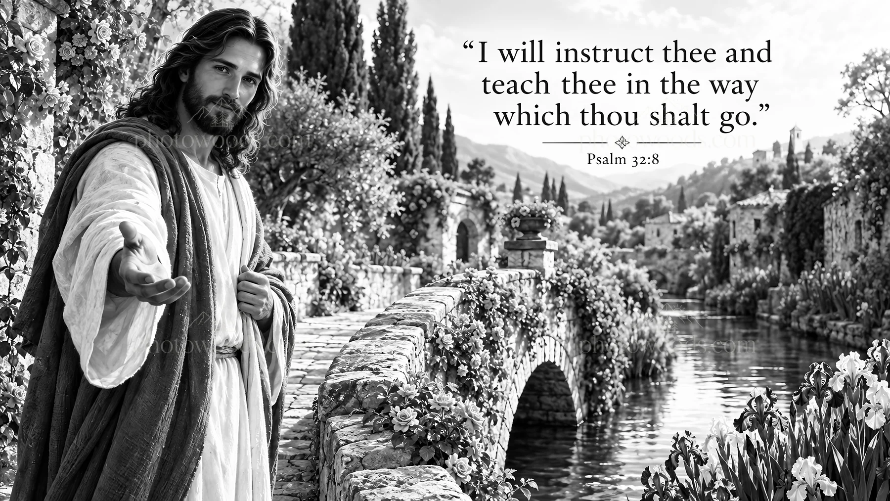 Jesus Christ teaching at a riverside with flowers and stone bridge - AI-generated stock image