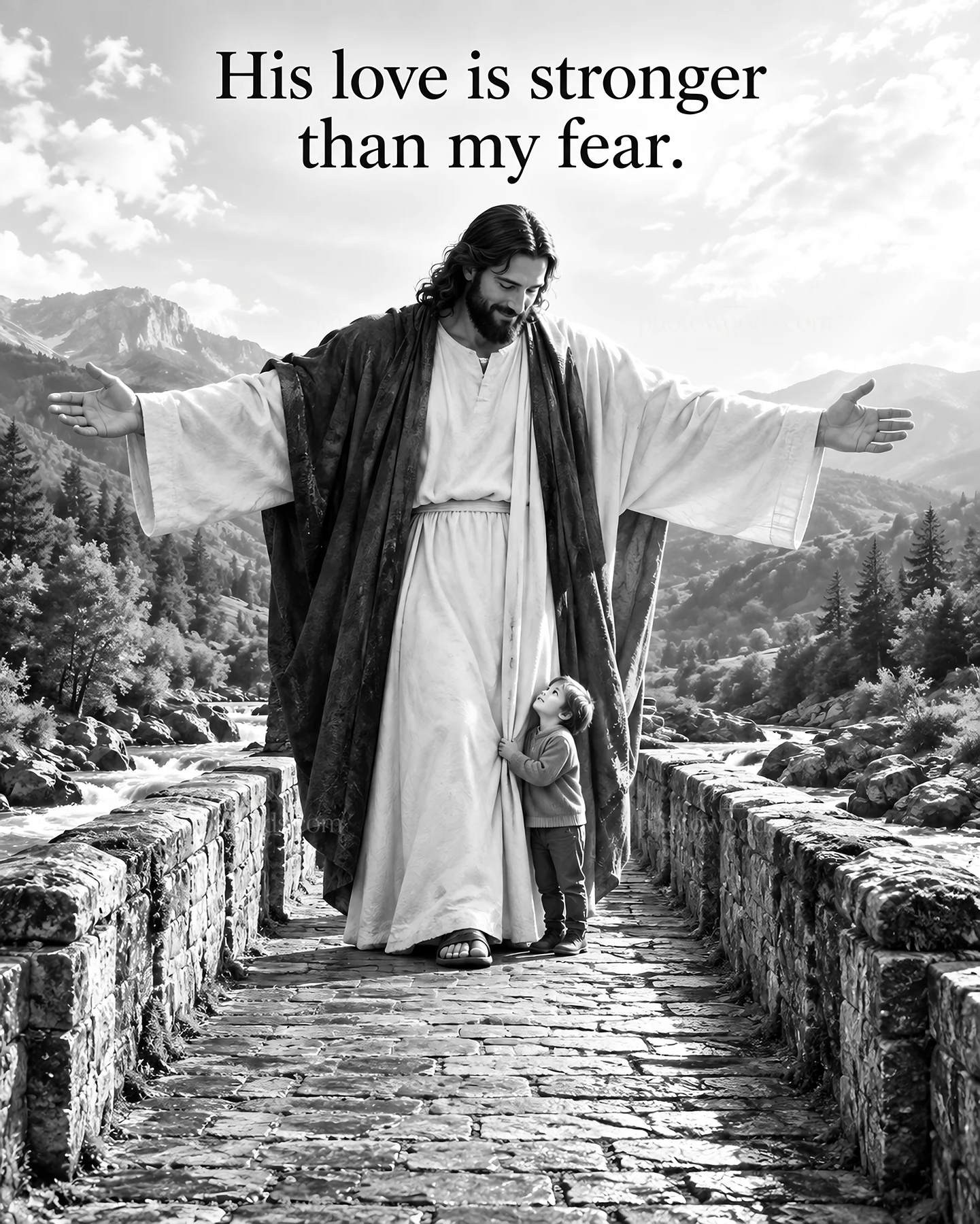 Jesus Christ welcoming a child with open arms - AI-generated stock image