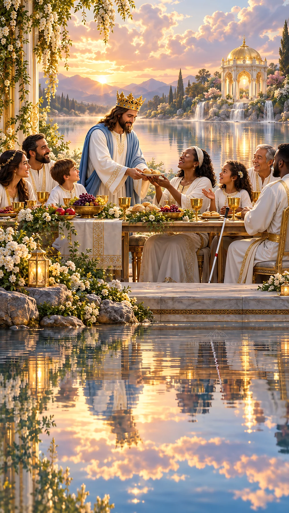 Jesus Christ sharing a meal with followers by the lake - AI-generated stock image