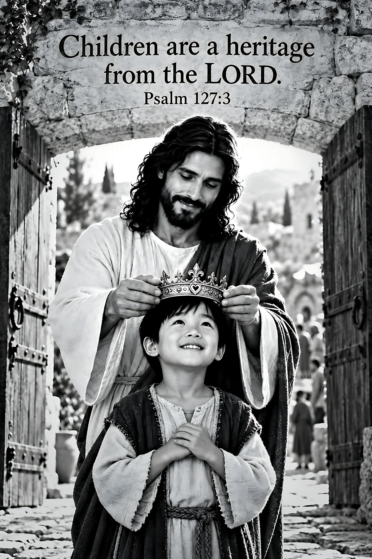 Royal welcome at the gate with a man placing a crown on a child - AI-generated stock image