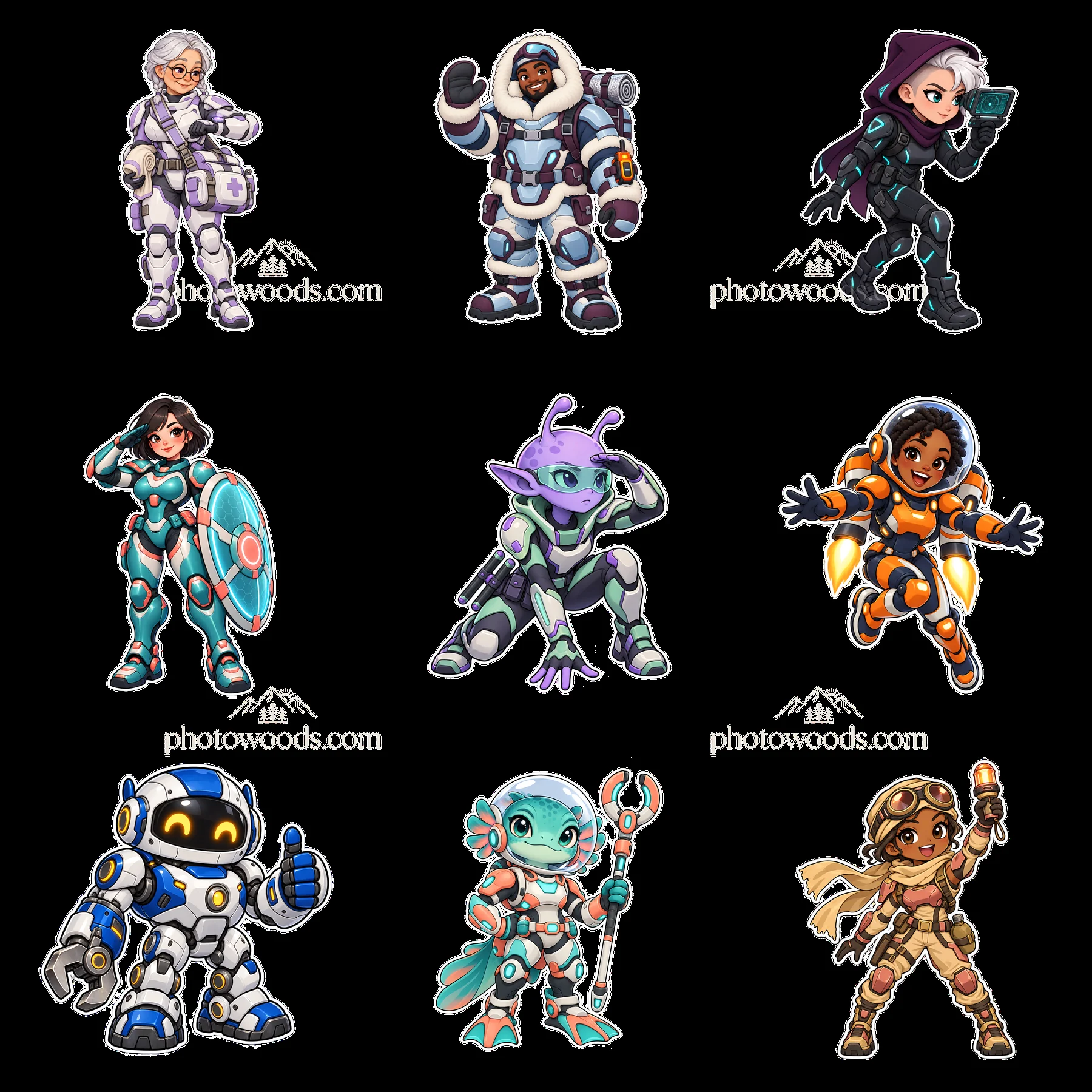 Kawaii futuristic super-soldier characters in a 3x3 layout - AI-generated stock image