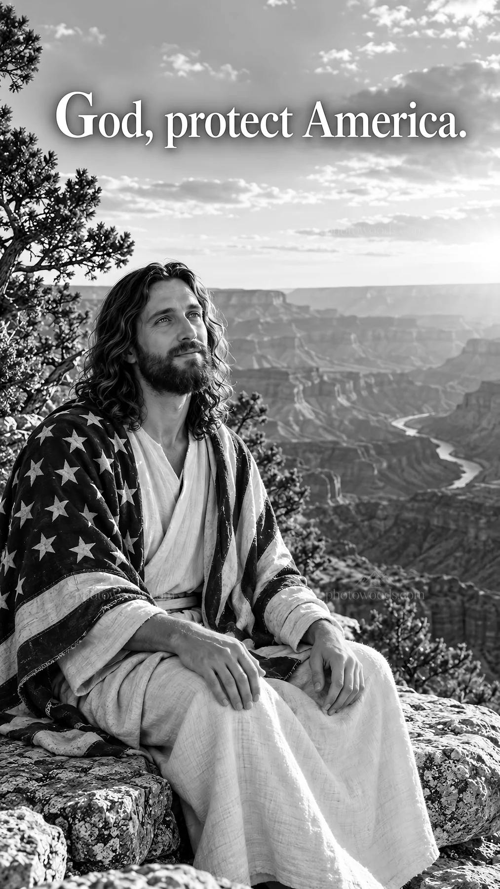 Jesus Christ sitting in prayer with American flag - AI-generated stock image