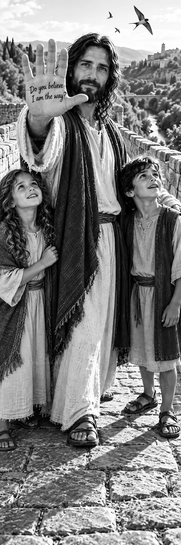 Jesus Christ teaching children on a pathway - AI-generated stock image