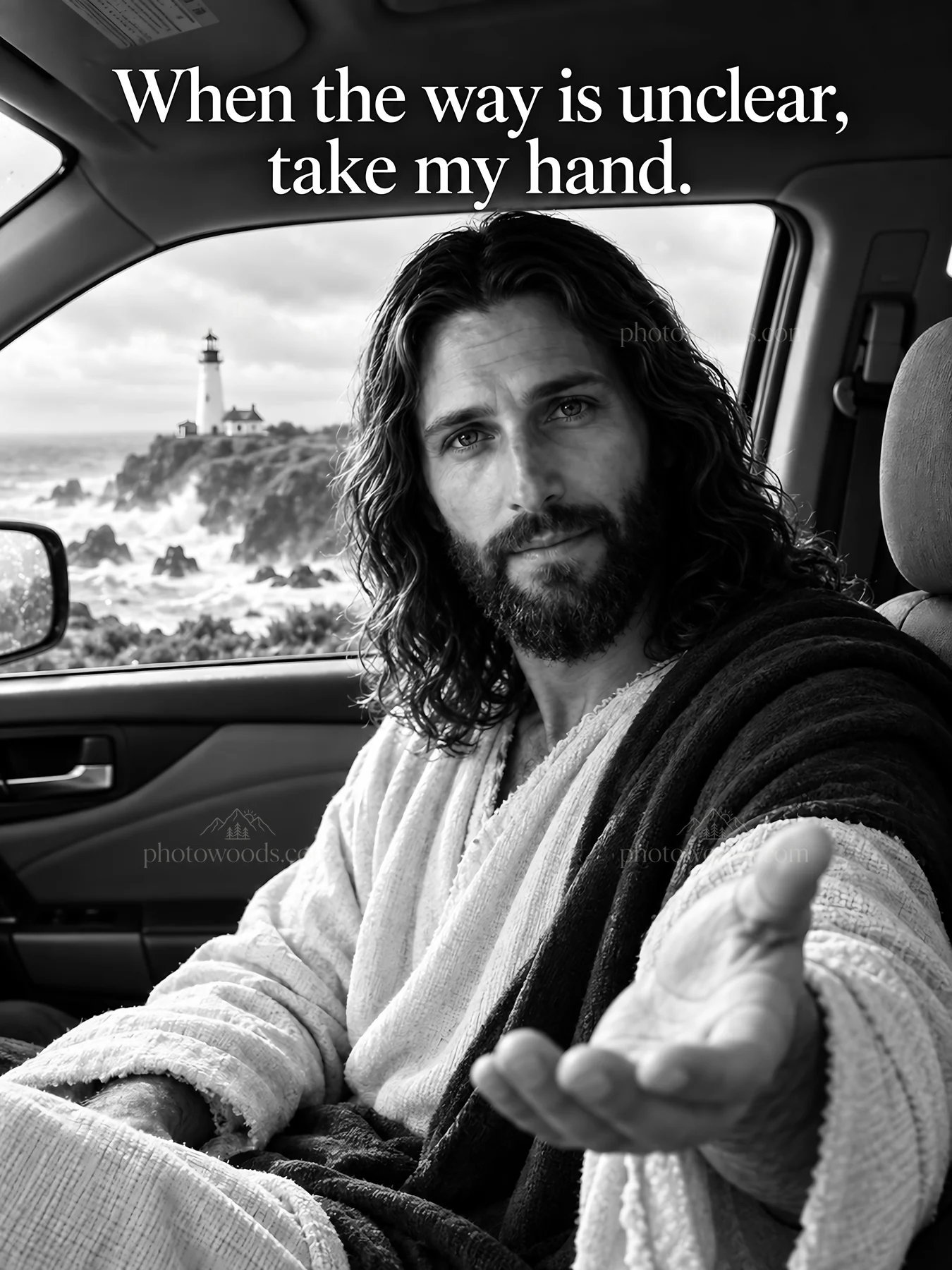 Jesus Christ offering a hand for guidance in a car - AI-generated stock image