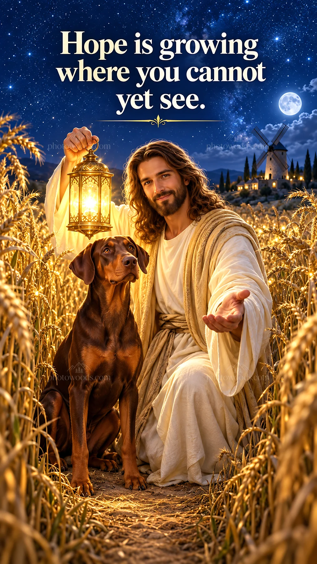 Jesus Christ sharing hope with a dog in a wheat field - AI-generated stock image