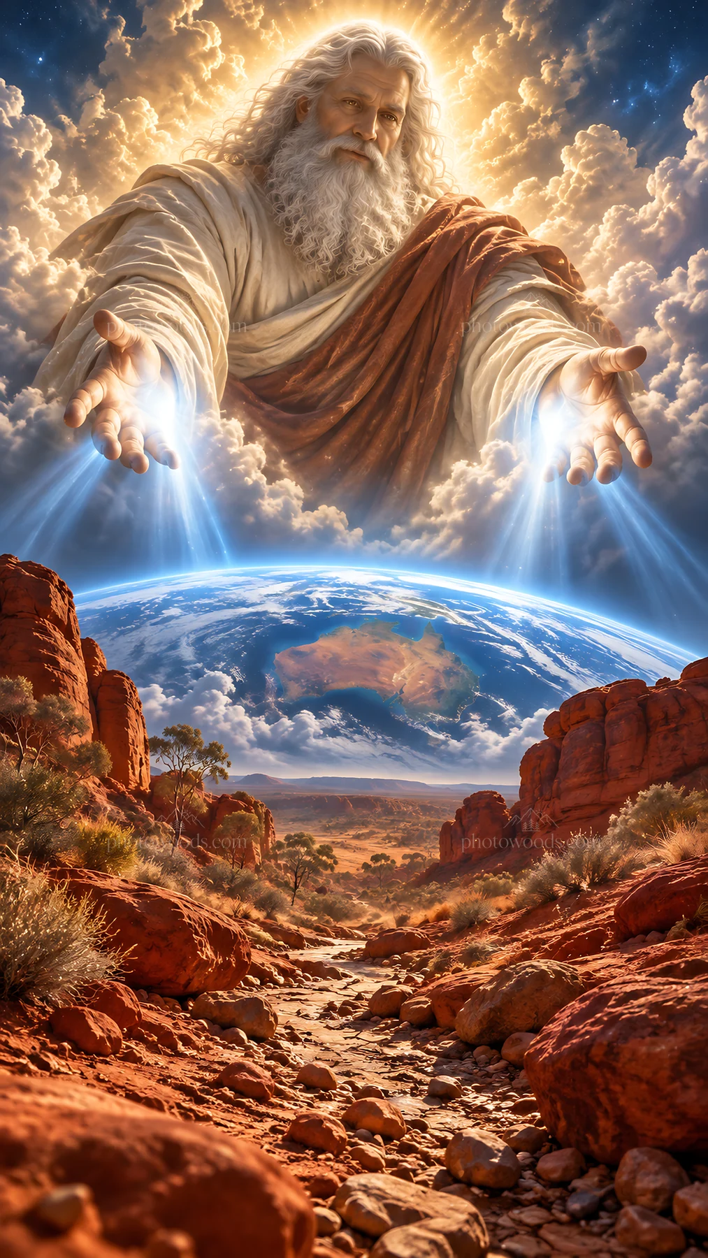 Jesus Christ reaching out to the earth from the heavens - AI-generated stock image