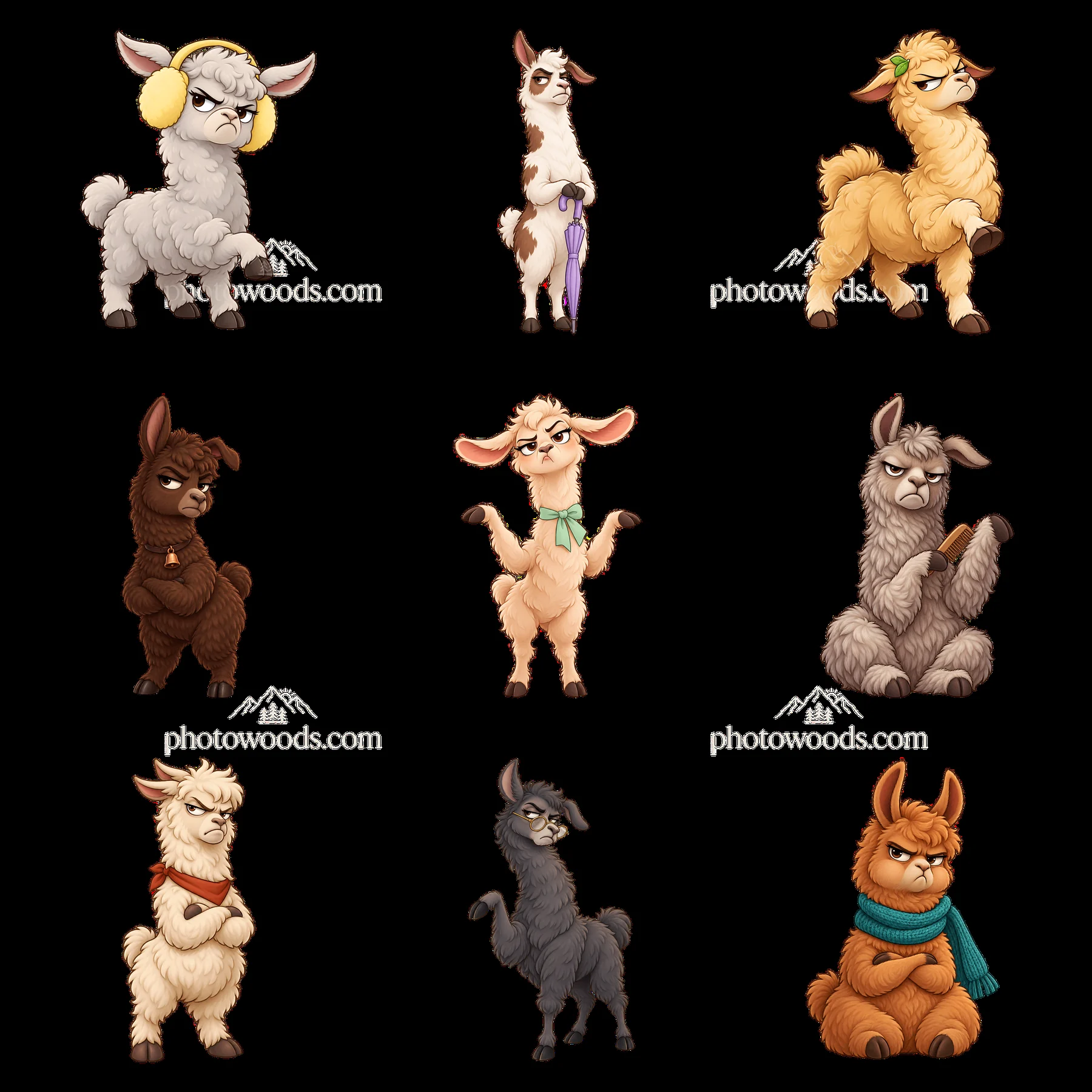 Grumpy llama cartoon stickers in a 3x3 grid layout - AI-generated stock image