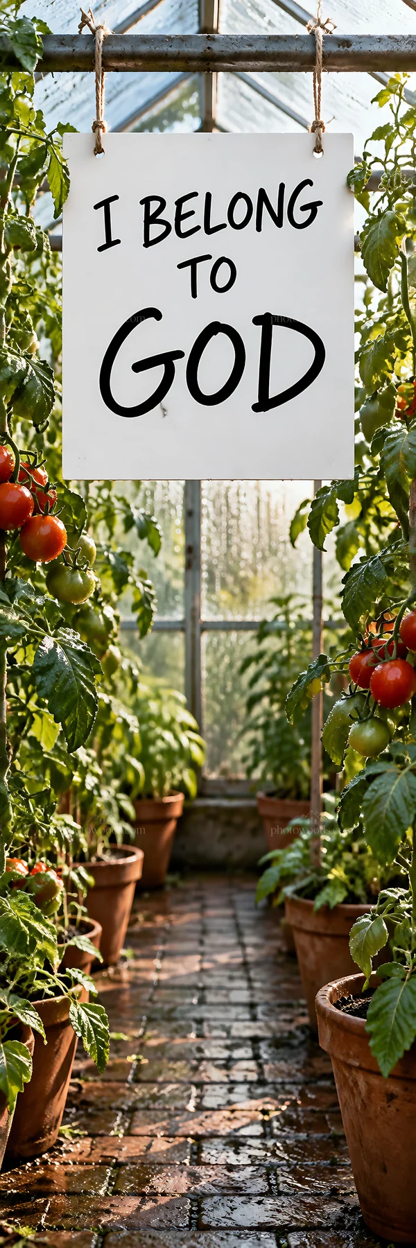 Jesus Christ in a greenhouse with the message 'I belong to God' - AI-generated stock image