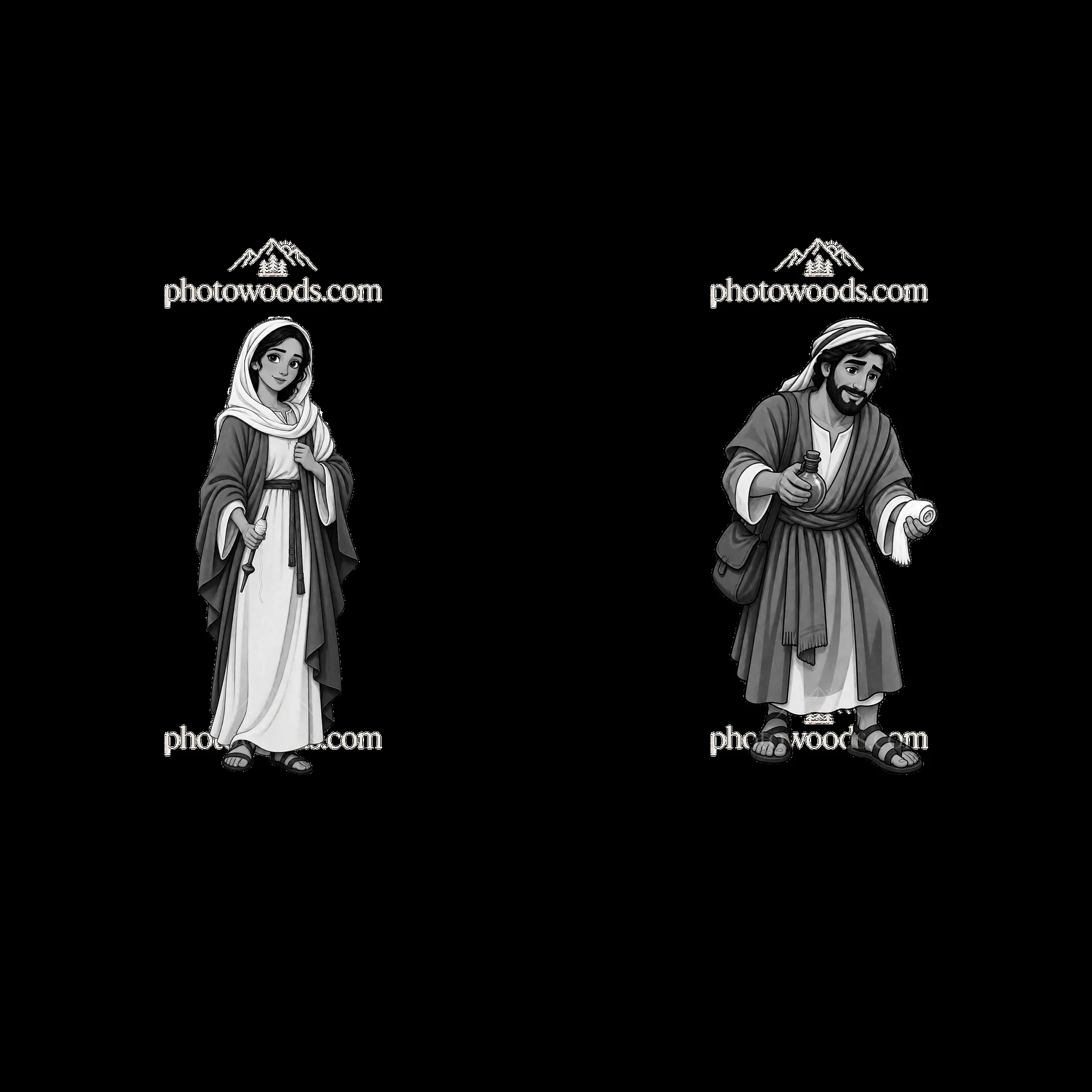 Jesus and Mary cartoon sticker illustration in black and white - AI-generated stock image