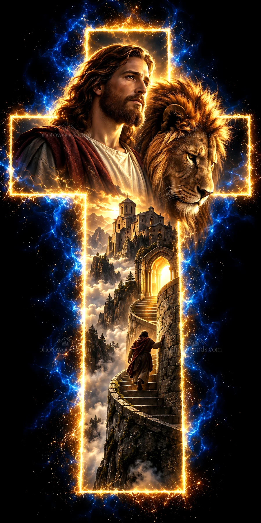 Jesus Christ with lion and cross in a symbolic scene - AI-generated stock image