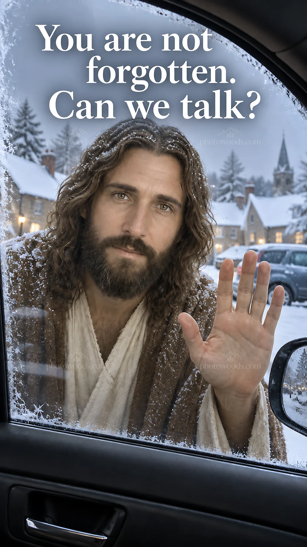 Jesus Christ reaching out through a car window - AI-generated stock image