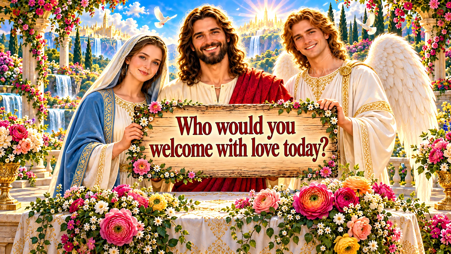 Jesus Christ welcomes viewers with love at a scenic garden - AI-generated stock image