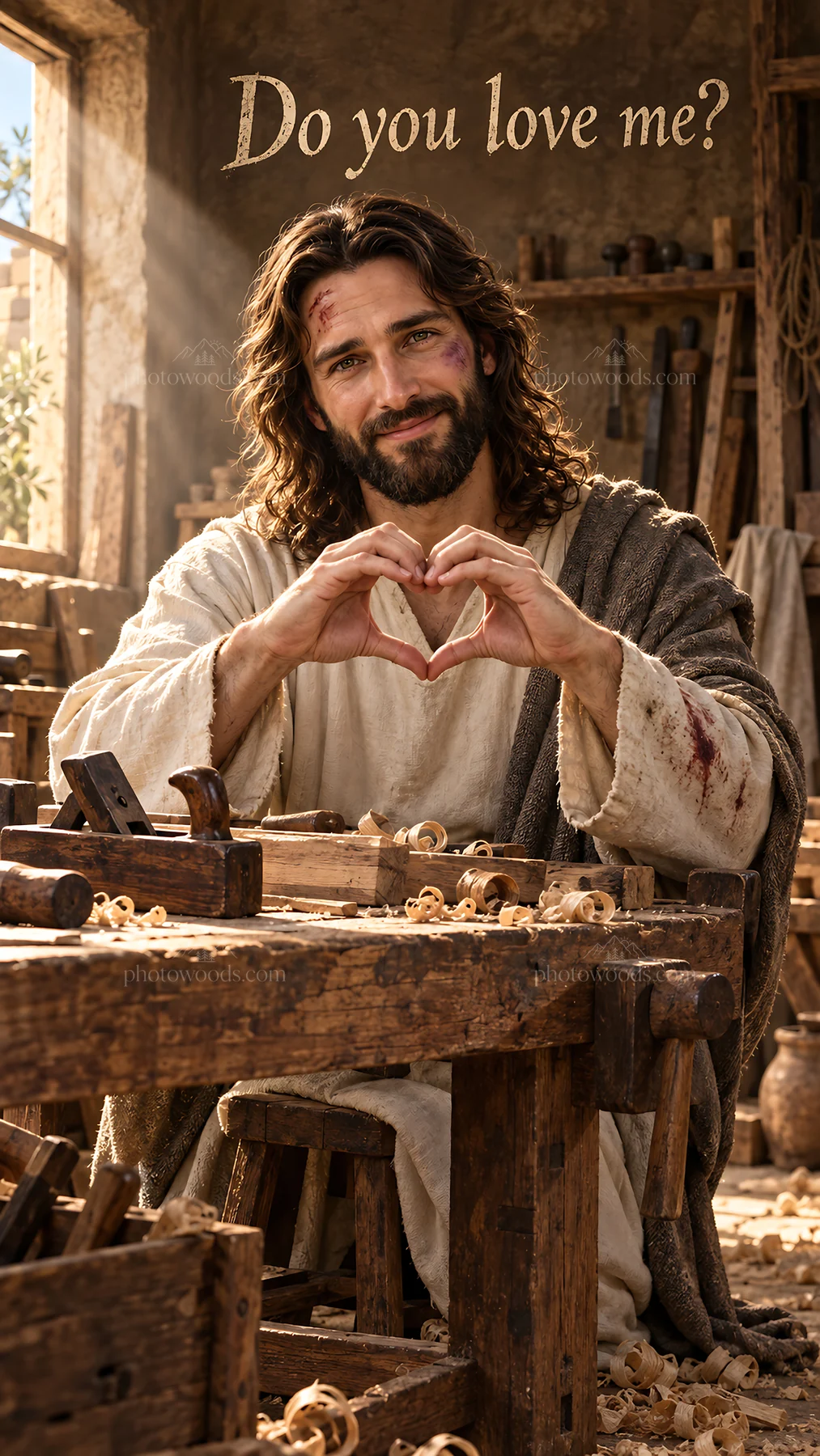 Jesus Christ making a heart gesture while working in a workshop - AI-generated stock image