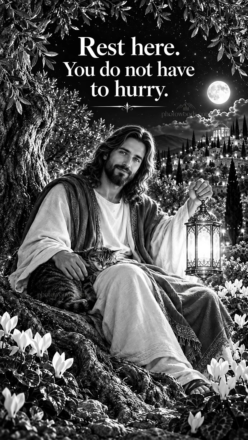 Jesus Christ offering comfort and rest in a serene garden - AI-generated stock image