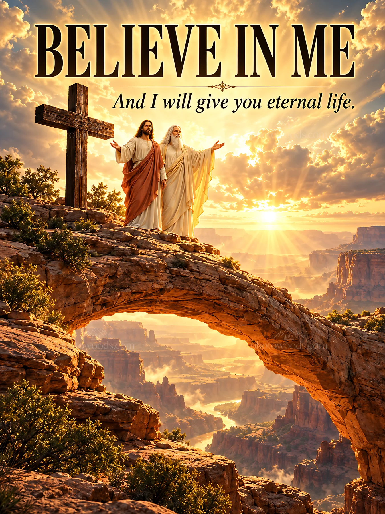 Jesus Christ invites viewers to believe in Him for eternal life - AI-generated stock image
