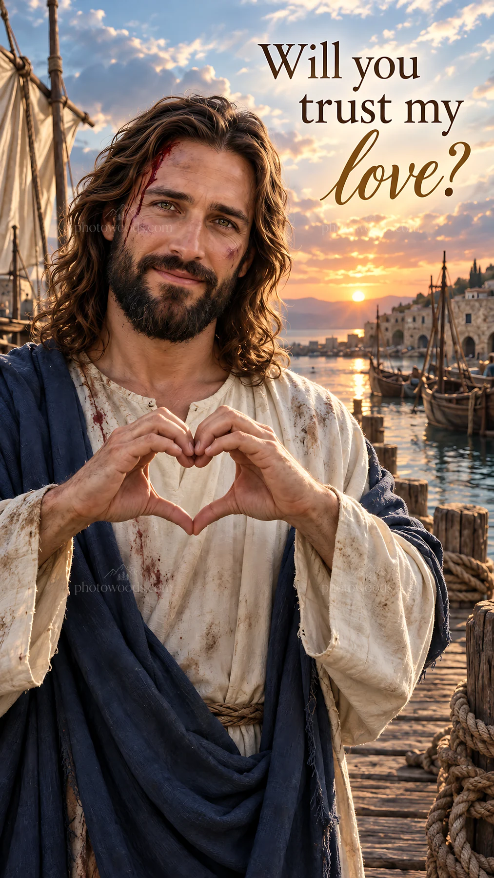 Jesus Christ offering love and trust by the shore - AI-generated stock image