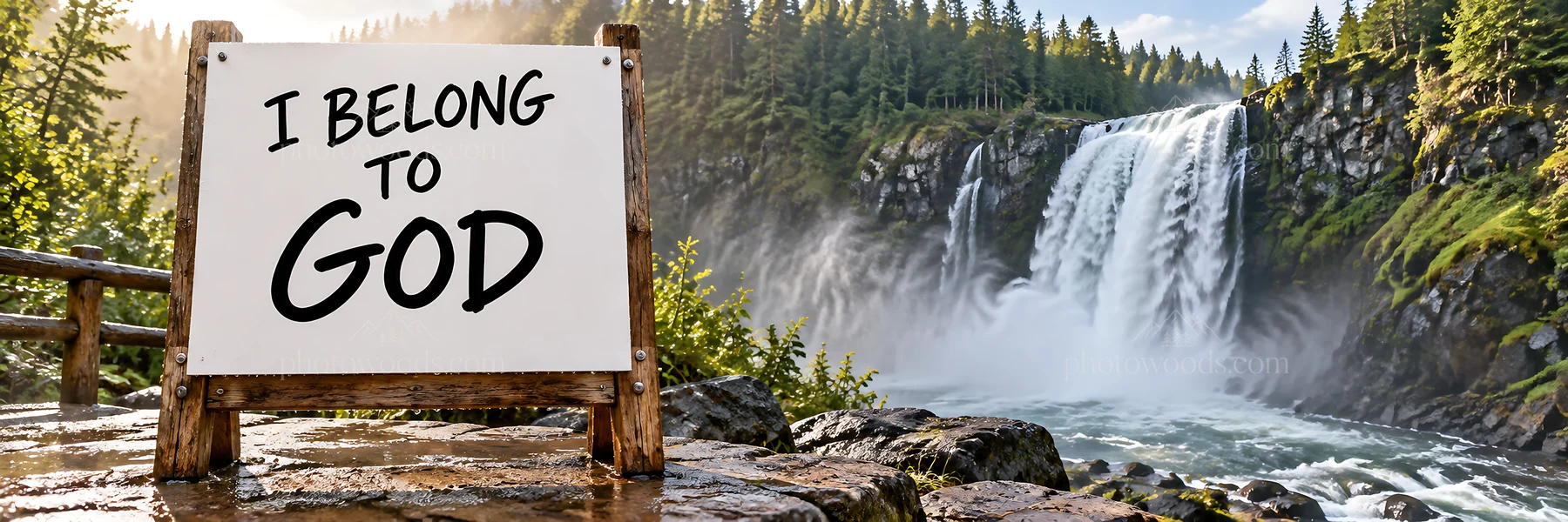 Jesus Christ sign at a waterfall scene - AI-generated stock image
