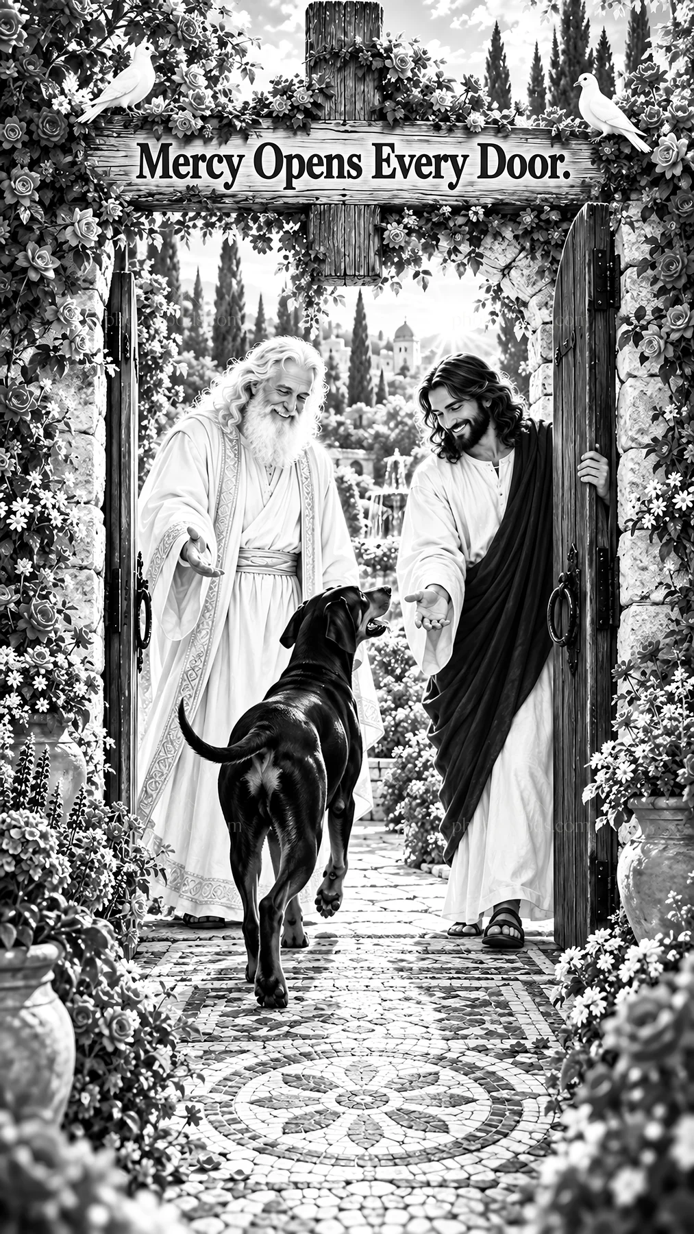 Jesus Christ welcoming a dog at a garden gate - AI-generated stock image