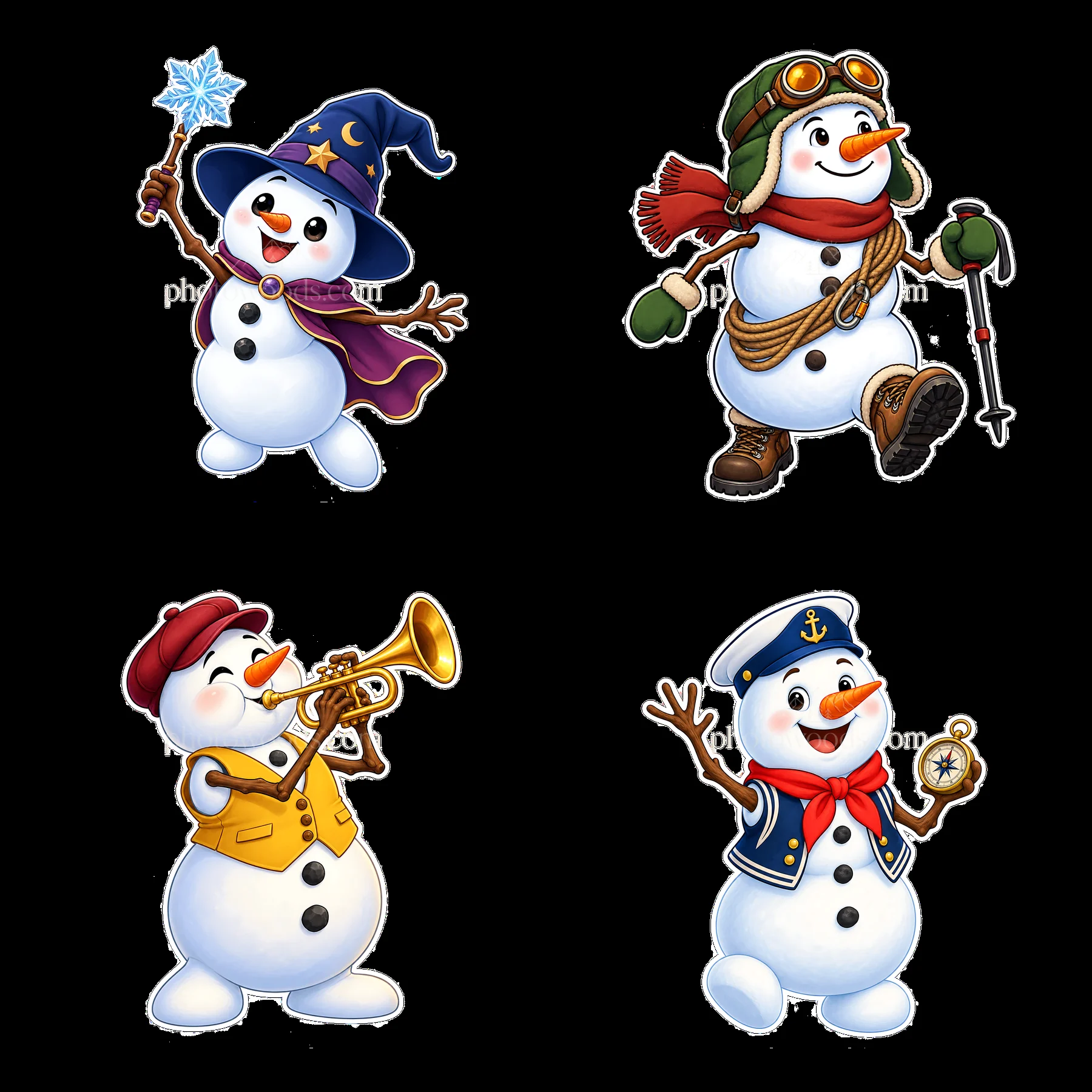 Snowman characters with hats, instruments, and winter accessories - AI-generated stock image