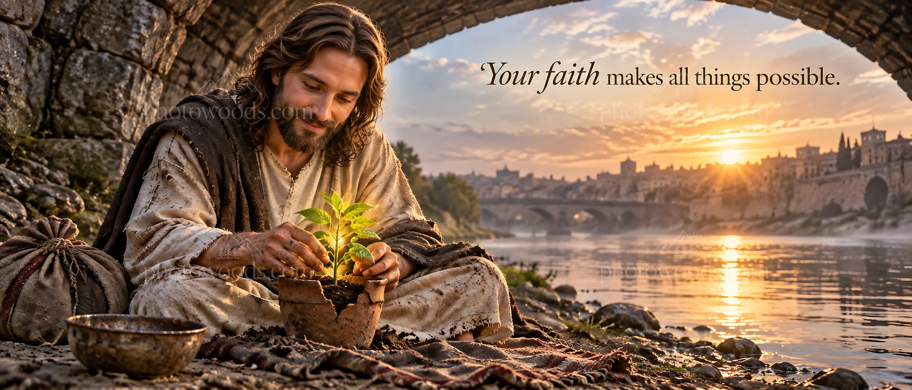 Jesus Christ nurturing a plant by the river at sunset - AI-generated stock image