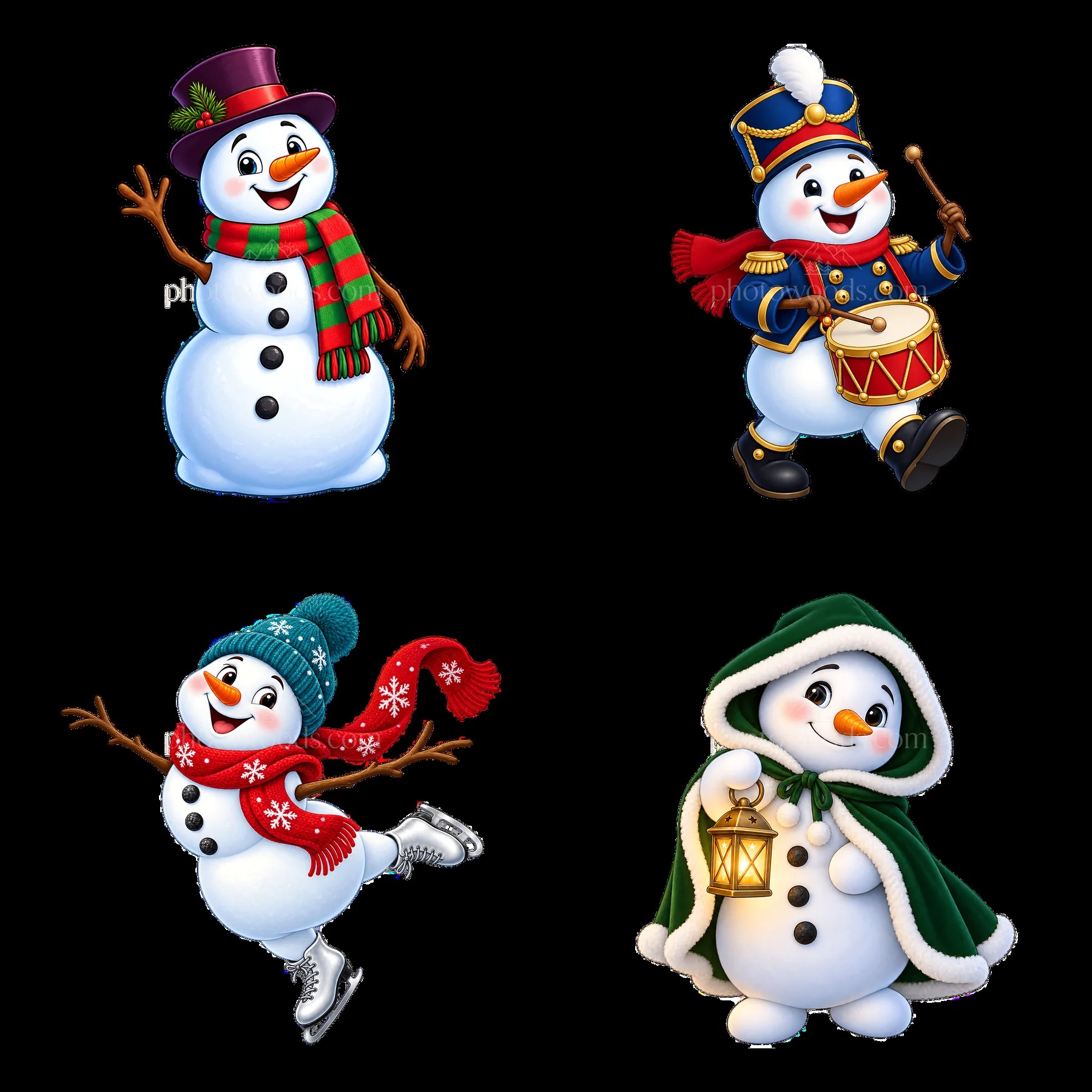 Colorful cartoon snowmen engaged in festive winter activities - AI-generated stock image