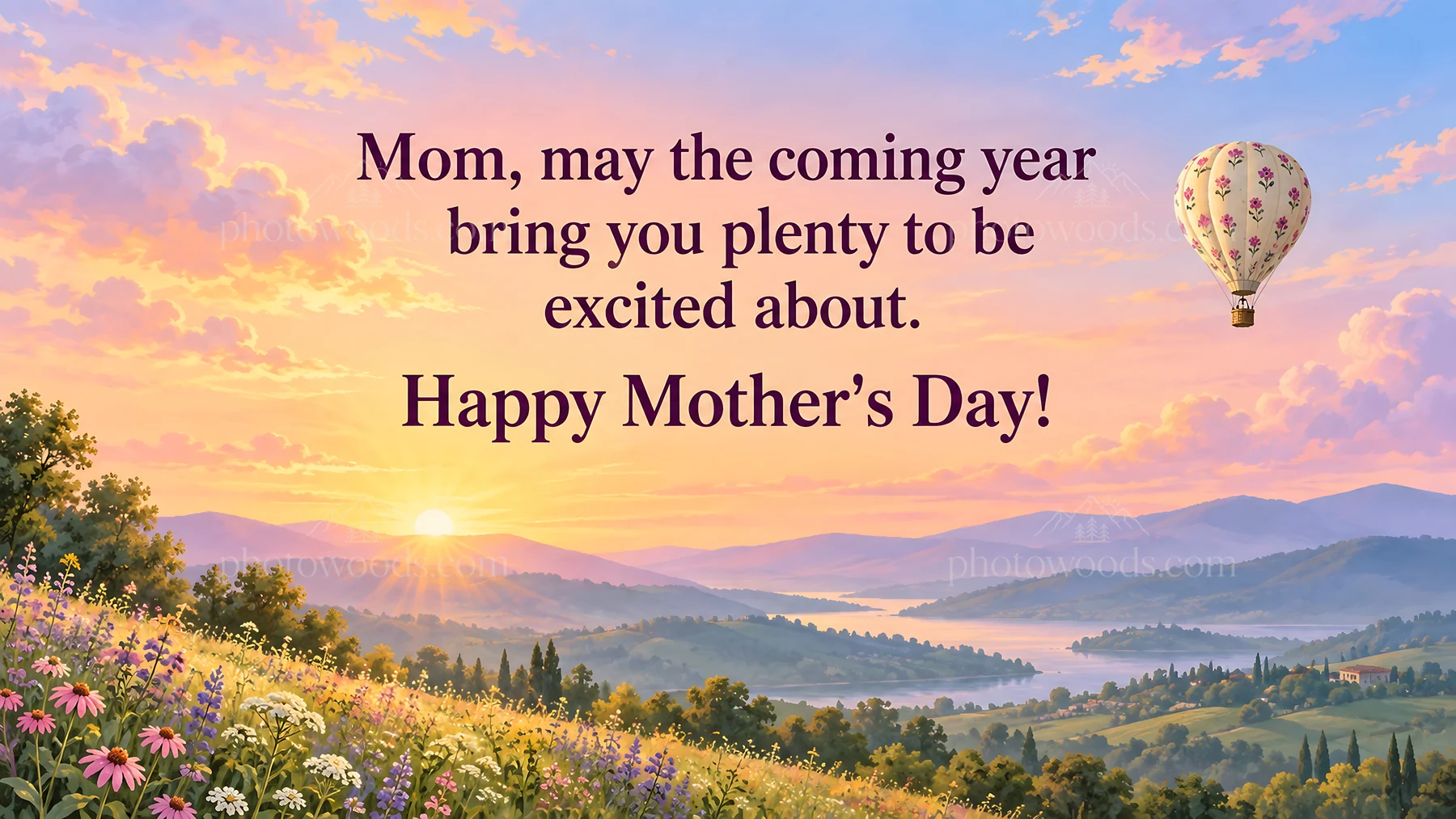 Mother's Day Greeting Over a Sunset Valley - AI-generated stock image