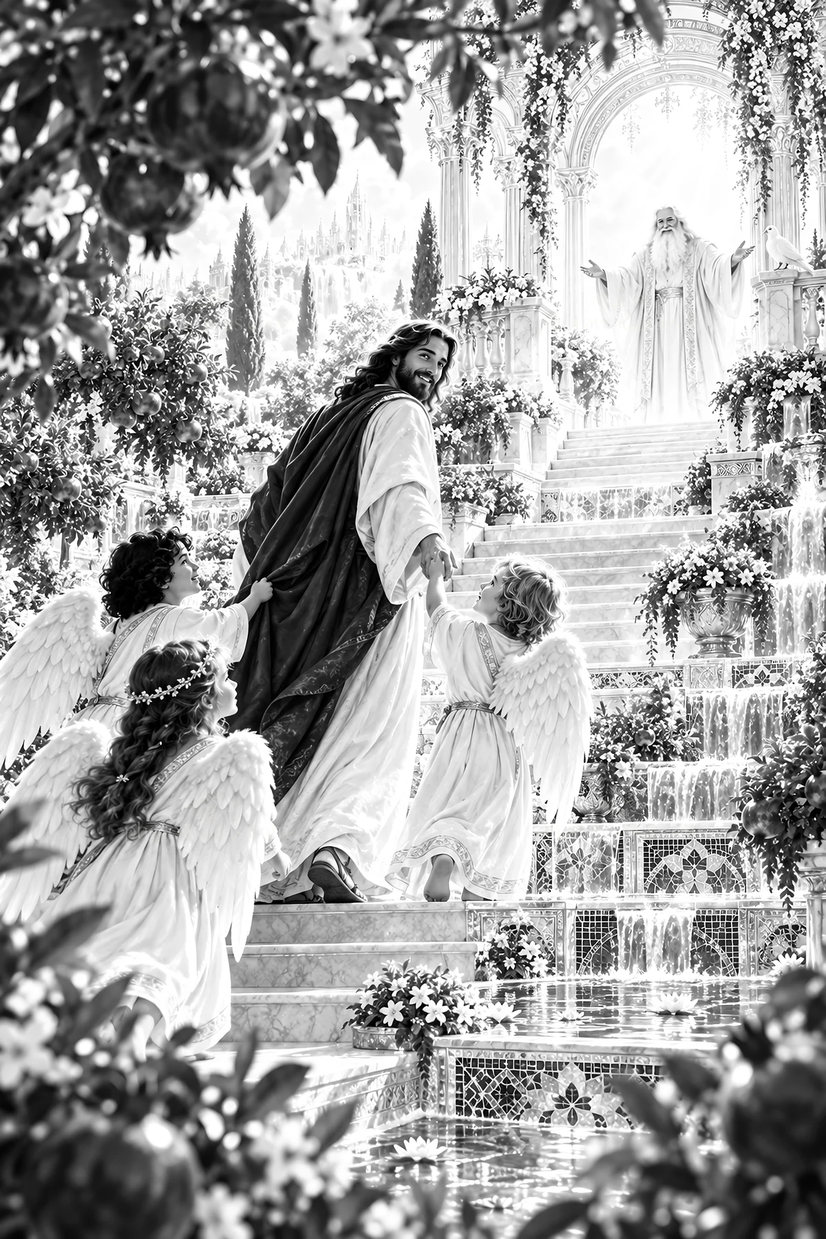 Jesus Christ leading children with angels in a garden - AI-generated stock image