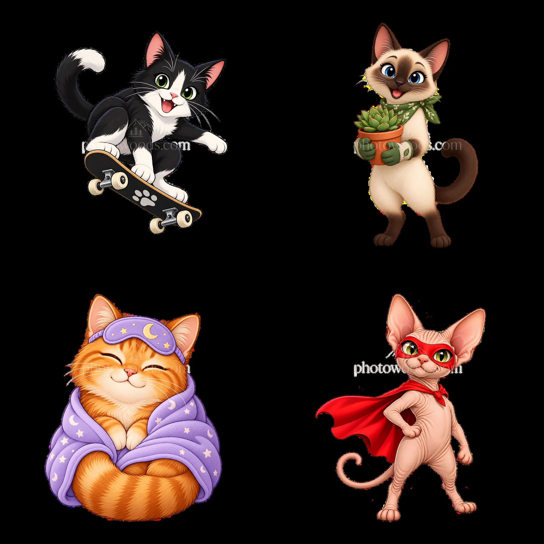 Cartoon cat stickers with skateboard, plant, sleeping, and superpower - AI-generated stock image