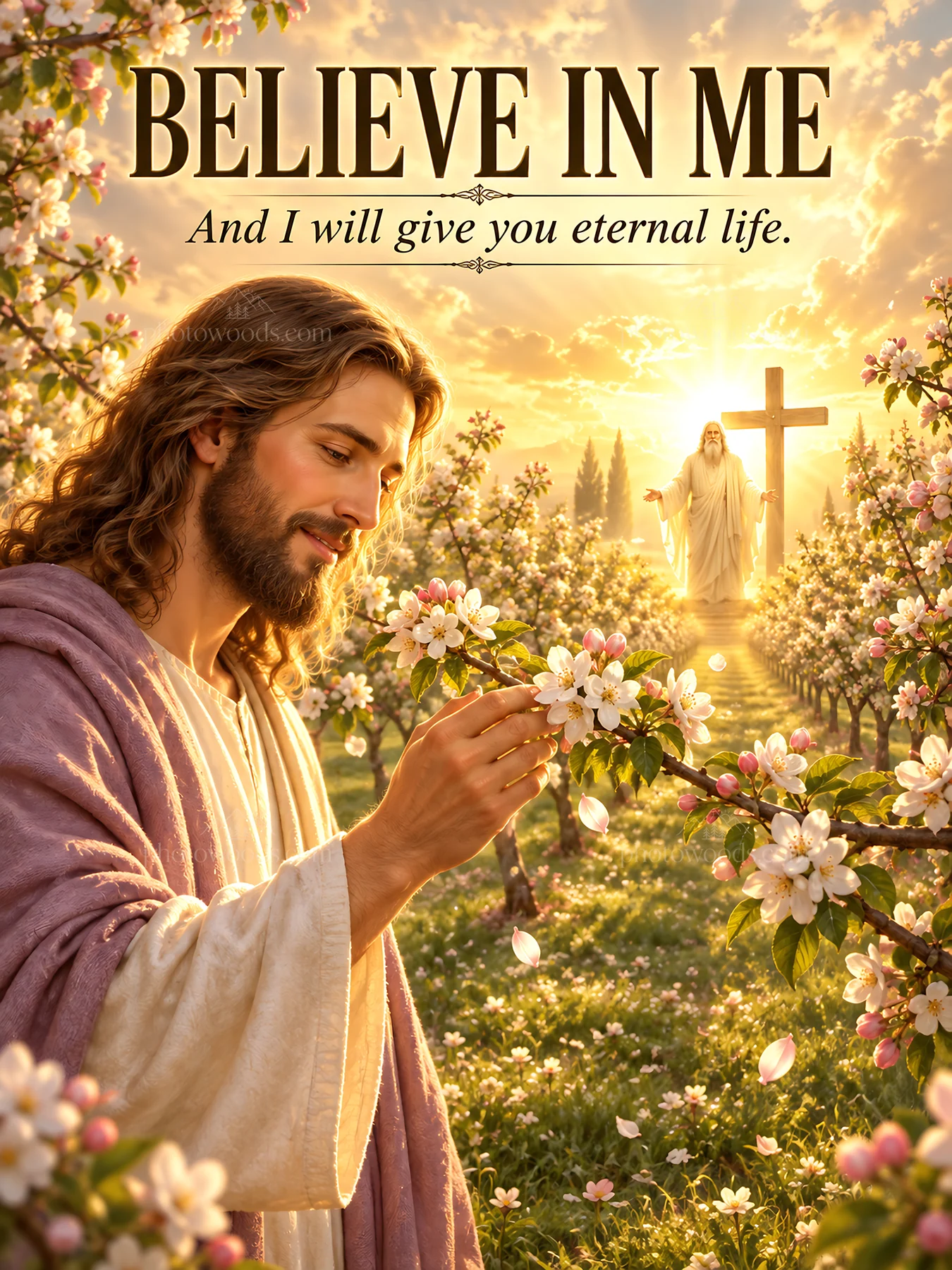 Jesus Christ in a garden tending to flowers - AI-generated stock image