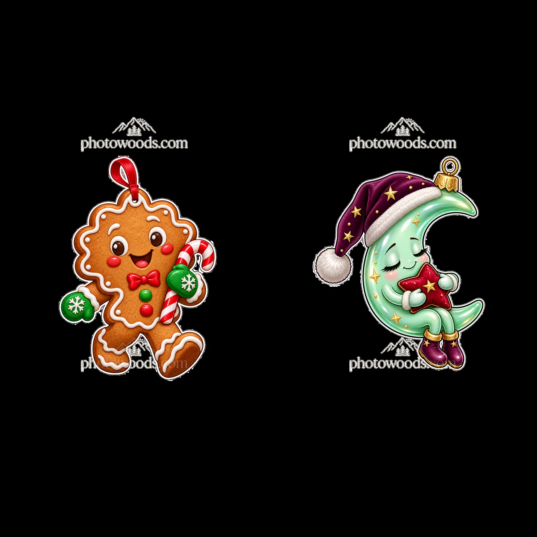Gingerbread cookie and moon character with Christmas hat sticker - AI-generated stock image