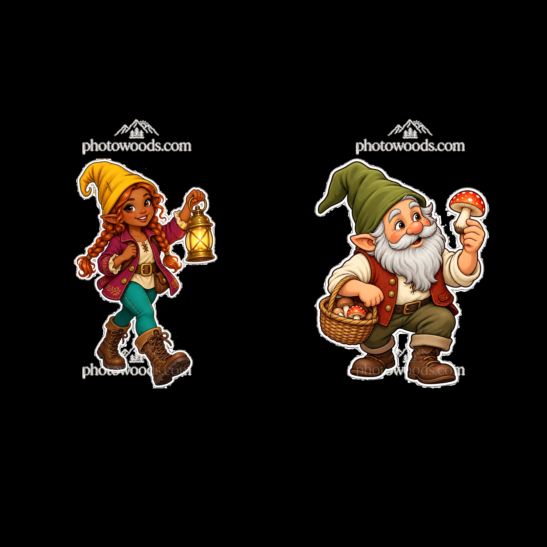 Gnome girl holding a lantern and gnome man with mushrooms - AI-generated stock image