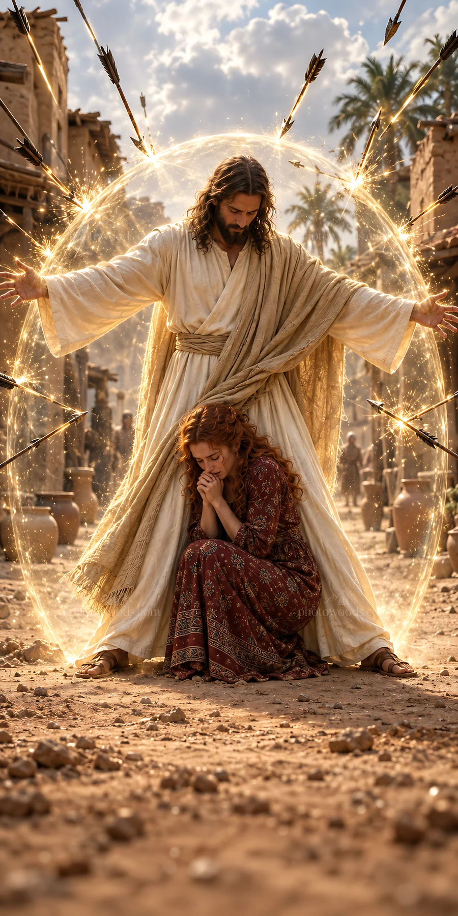 Jesus Christ comforting a suffering woman in a historical setting - AI-generated stock image