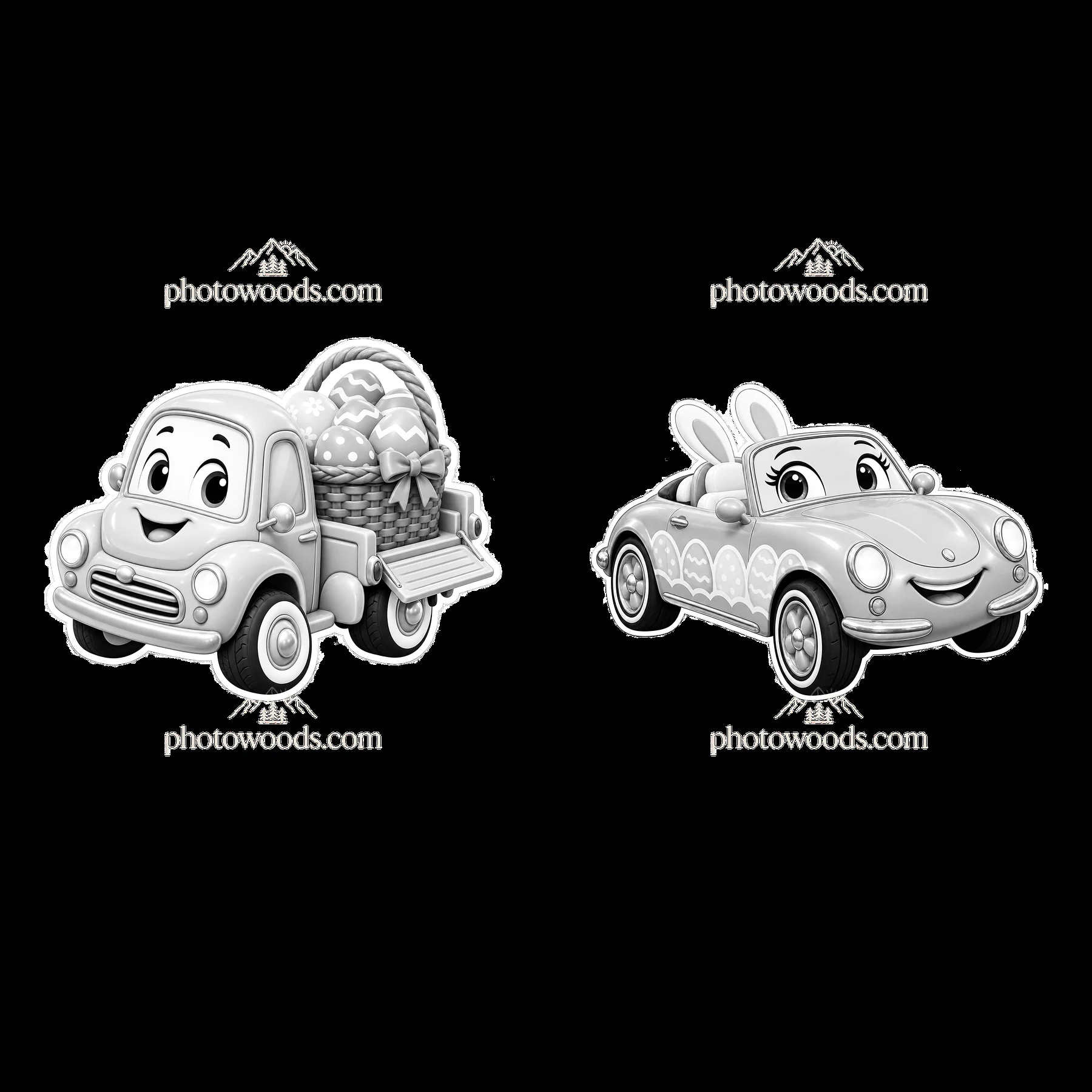 Easter car with bunny and basket illustration in black-and-white - AI-generated stock image