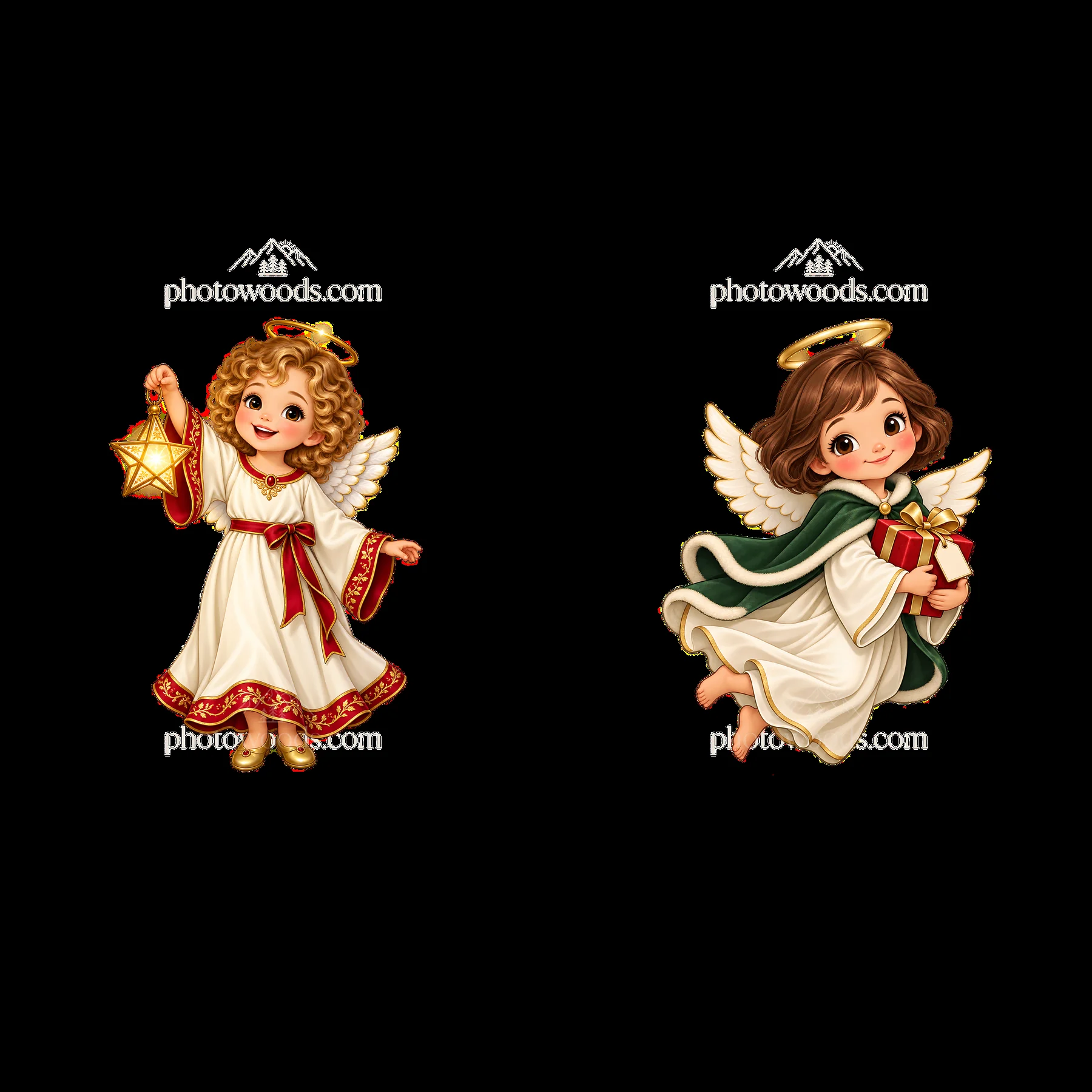 Christmas angels holding a star and gift in festive outfits - AI-generated stock image